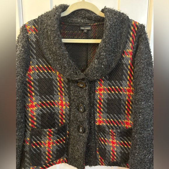 Coco+Carmen Women’s Grey Wool Blend Plaid V-Neck Cardigan Sweater Jacket Sz S/M - Picture 4 of 10